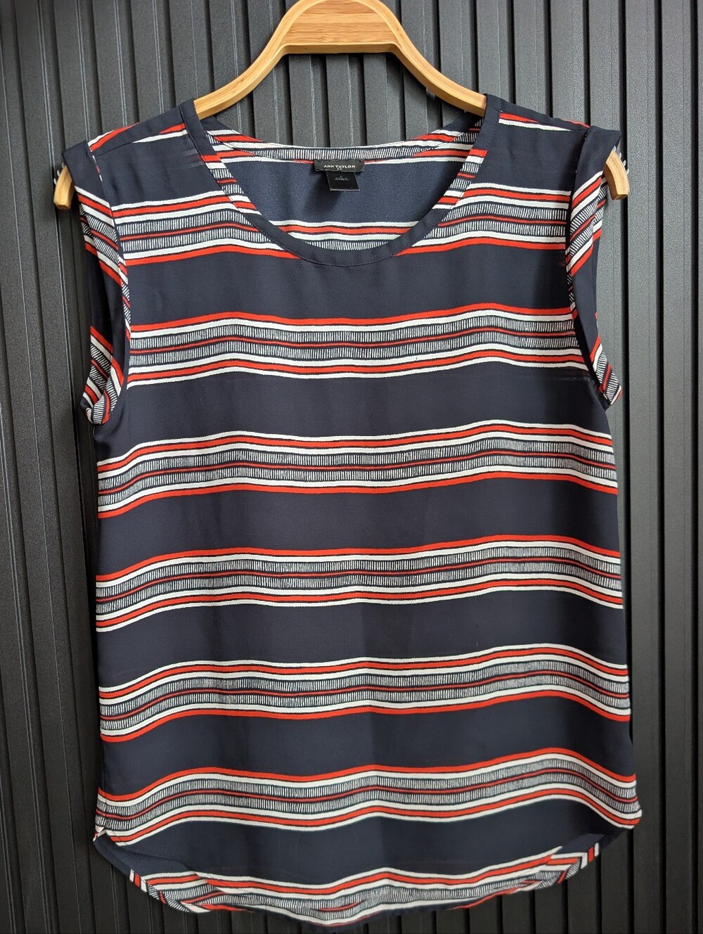 Ann Taylor Sleeveless Striped Blouse | Navy, Orange + White | Size S